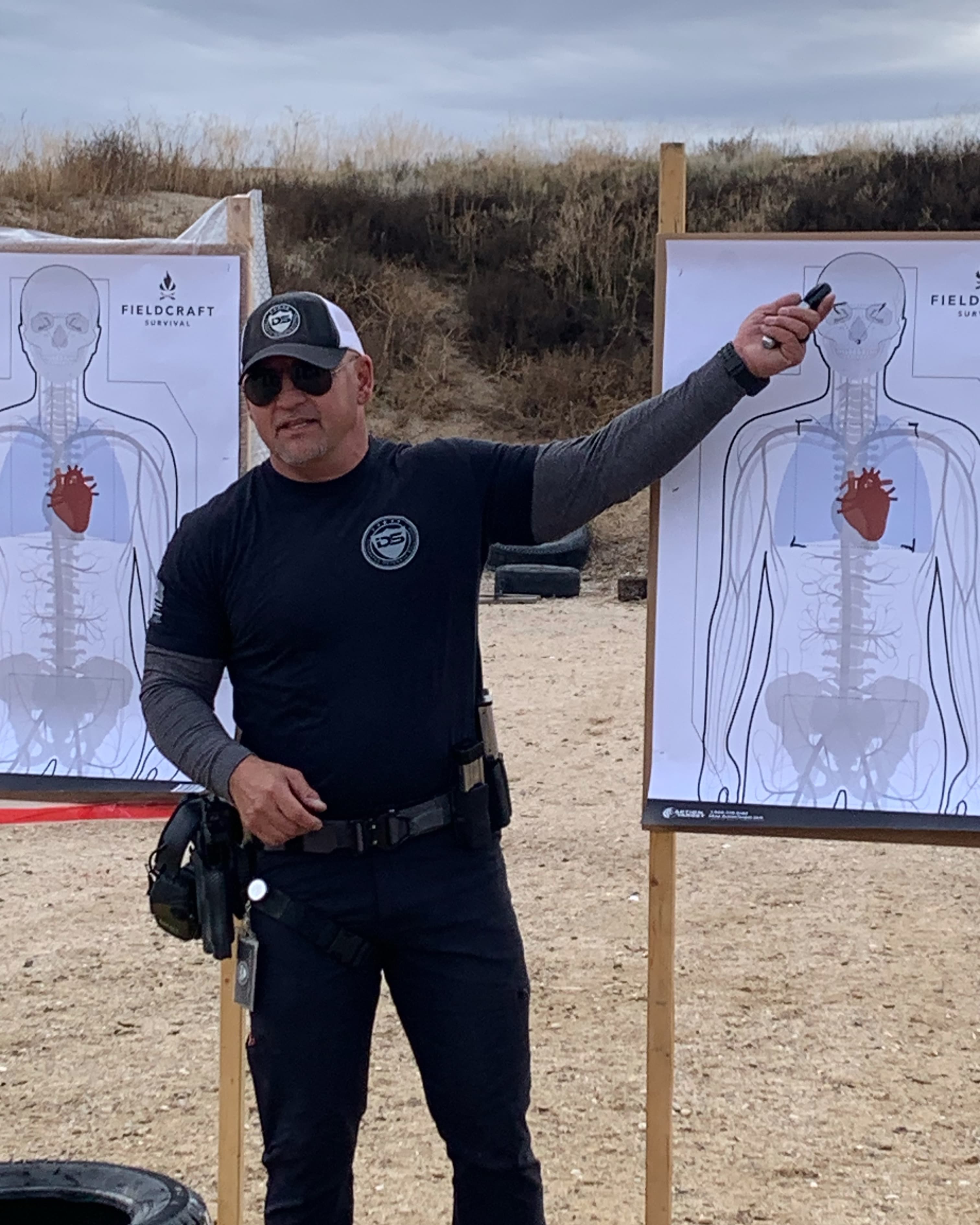 instructor addressing  the CCW class on the range between two targets